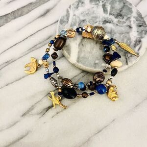Double Wrap Gemstone Bracelet | Blue Beaded Gold Dangle Charms | Native American